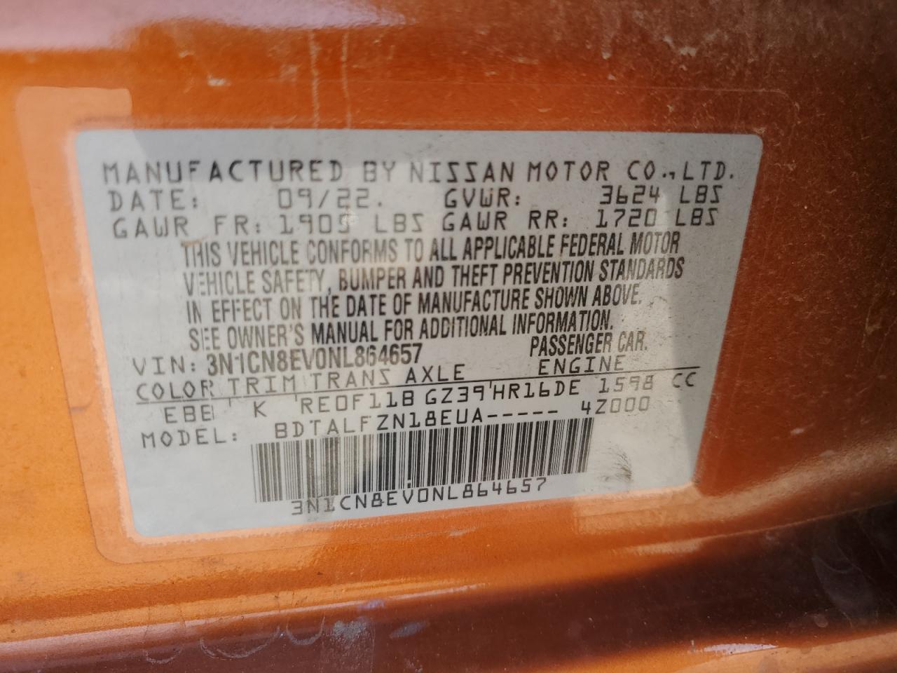 2022 NISSAN VERSA SV VIN:3N1CN8EV0NL864657