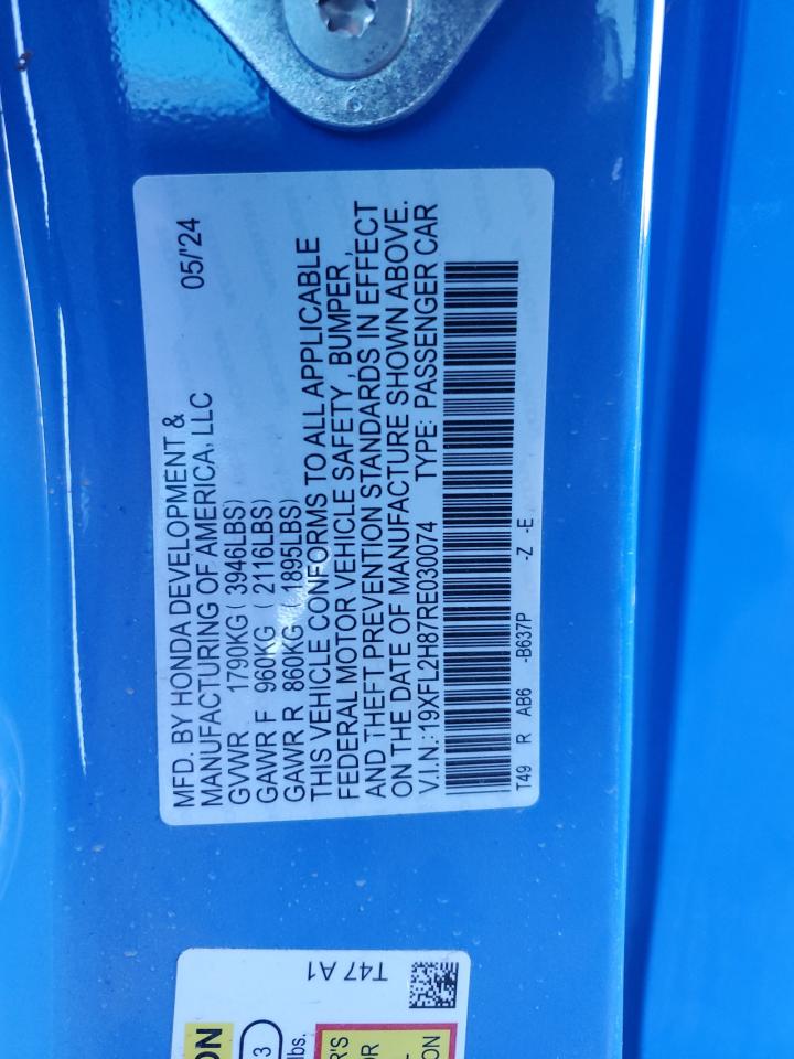 2024 HONDA CIVIC SPORT VIN:19XFL2H87RE030074