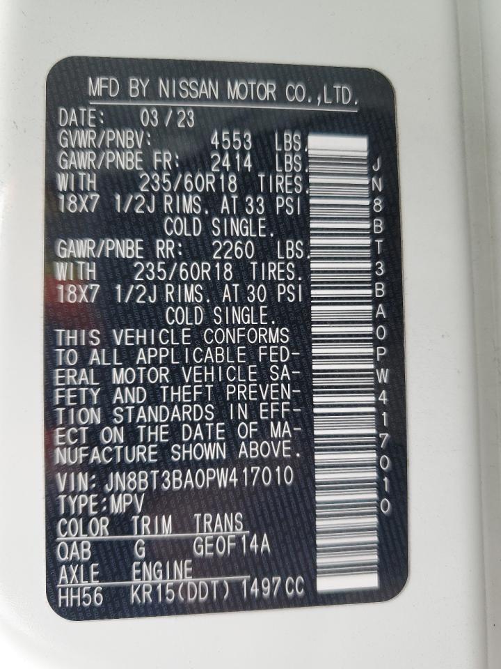 2023 NISSAN ROGUE SV VIN:JN8BT3BA0PW417010