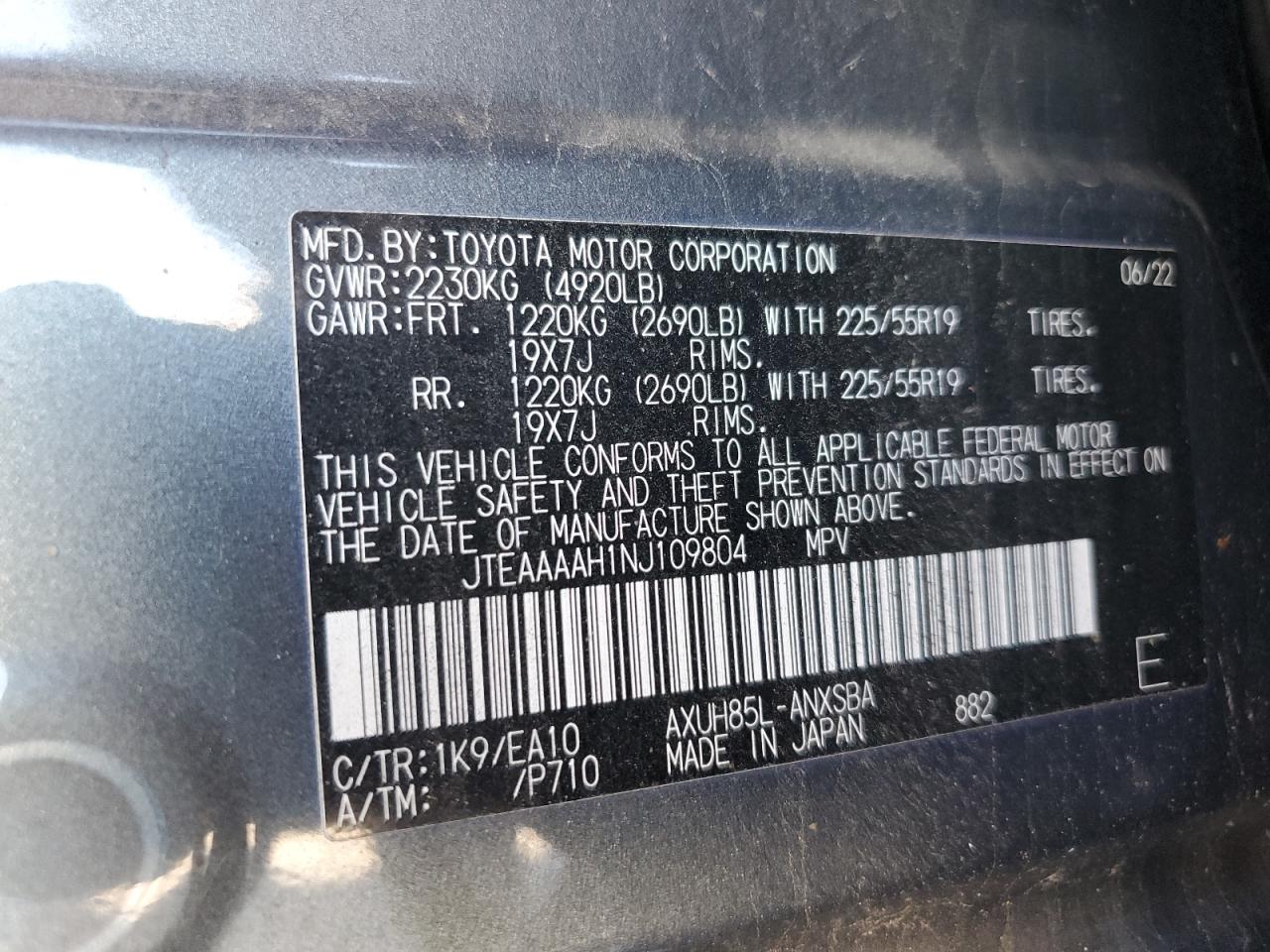 2022 TOYOTA VENZA LE VIN:JTEAAAAH1NJ109804