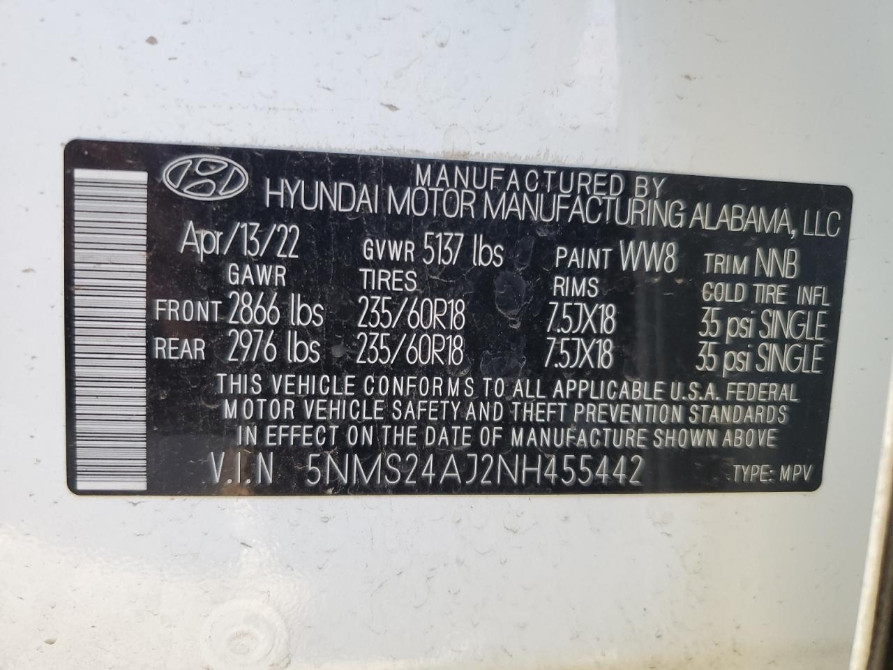 2022 HYUNDAI SANTA FE SEL VIN:5NMS24AJ2NH455442