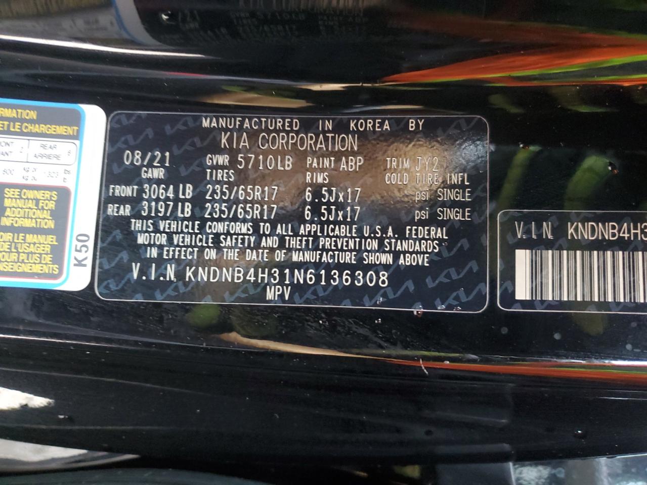 2022 KIA CARNIVAL LX VIN:KNDNB4H31N6136308