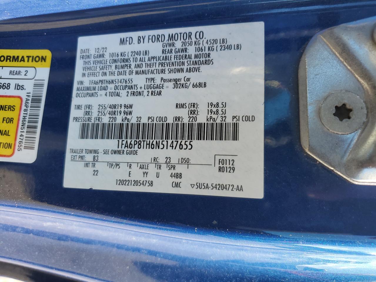 2022 FORD MUSTANG  VIN:1FA6P8TH6N5147655