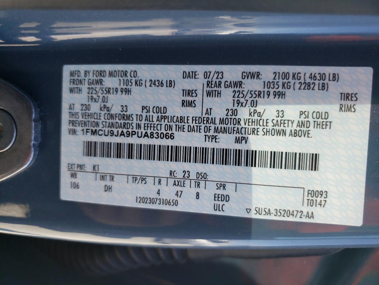 2023 FORD ESCAPE PLATINUM VIN:1FMCU9JA9PUA83066