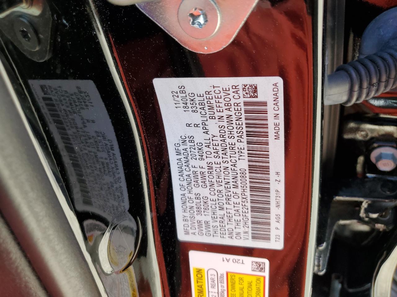 2023 HONDA CIVIC SPORT VIN:2HGFE2F5XPH500880