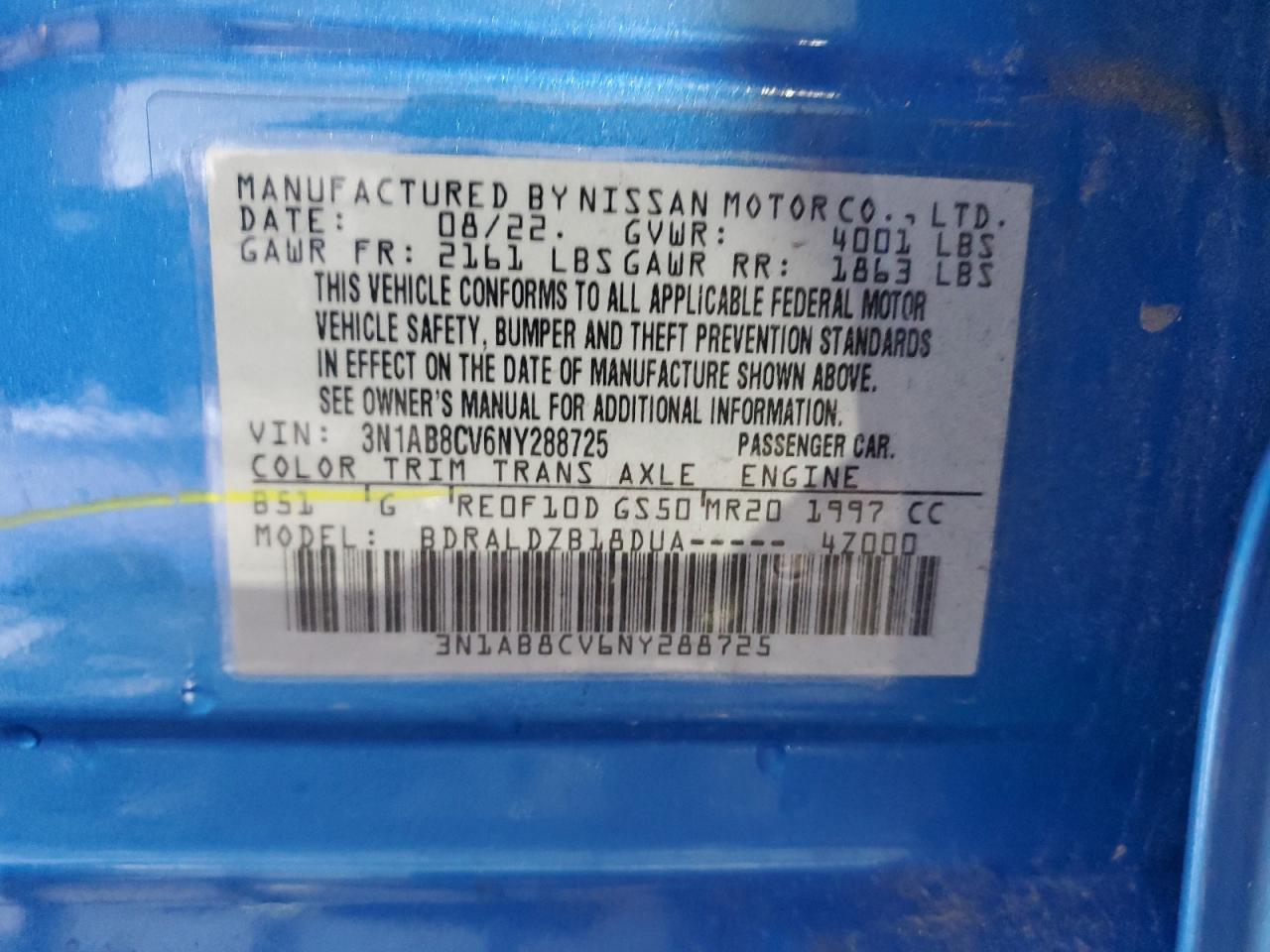 2022 NISSAN SENTRA SV VIN:3N1AB8CV6NY288725