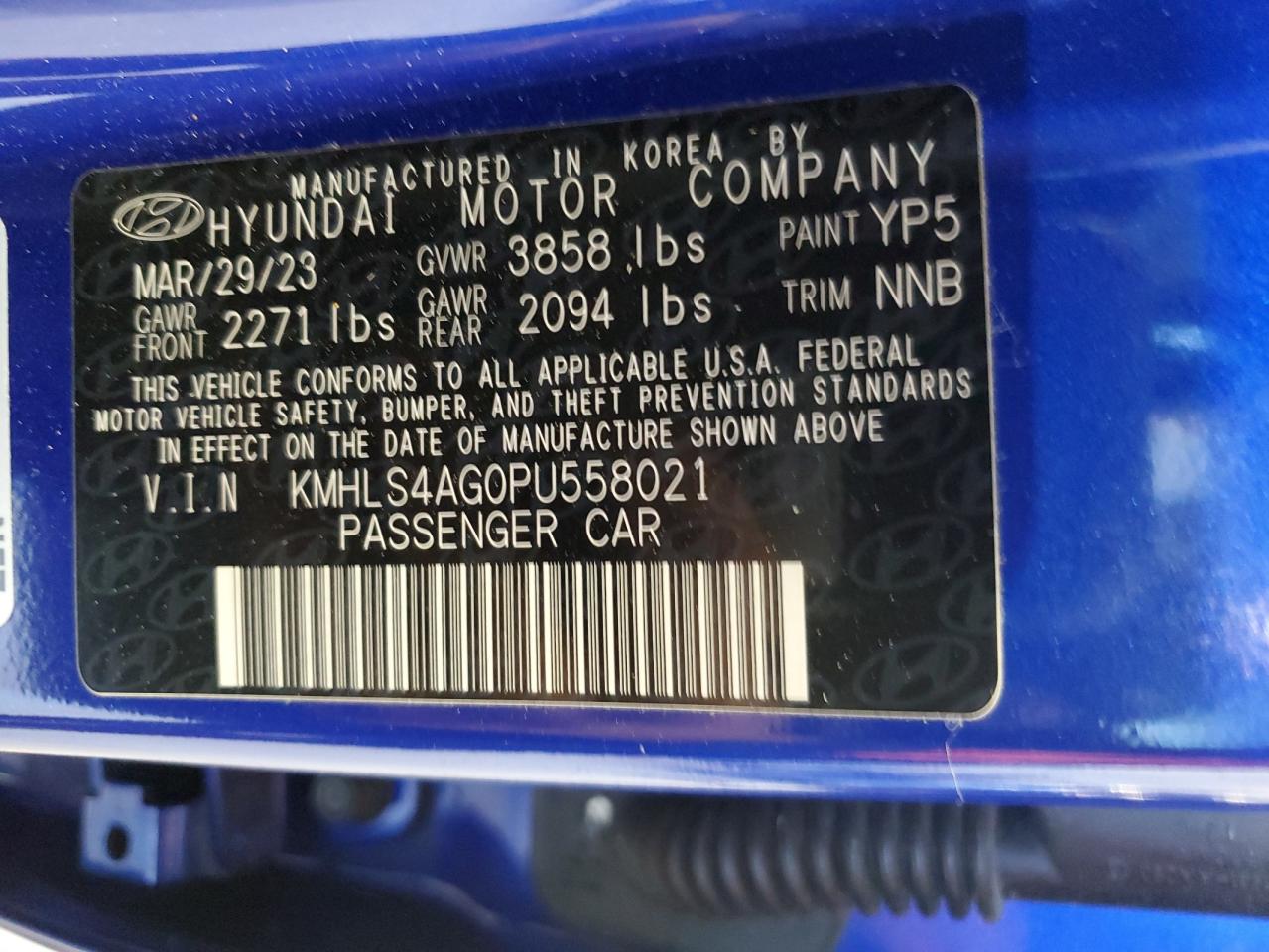 2023 HYUNDAI ELANTRA SEL VIN:KMHLS4AG0PU558021