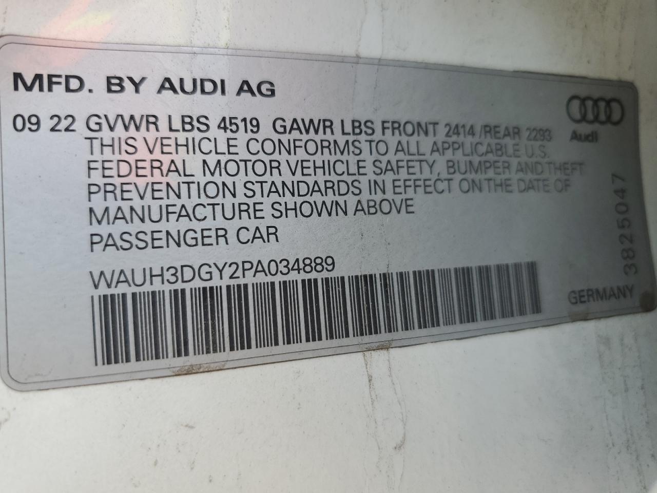 2023 AUDI S3 PREMIUM PLUS VIN:WAUH3DGY2PA034889
