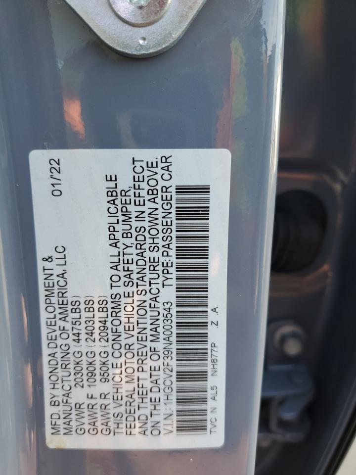 2022 HONDA ACCORD SPORT VIN:1HGCV2F39NA003543