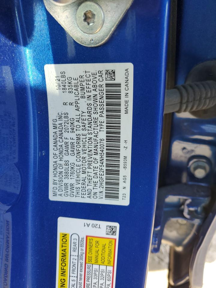 2022 HONDA CIVIC SPORT VIN:2HGFE2F54NH540076