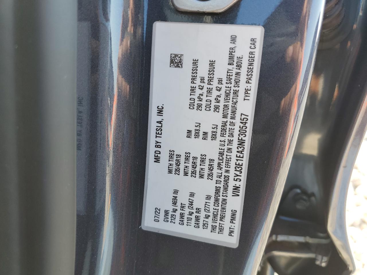 2022 TESLA MODEL 3  VIN:5YJ3E1EA3NF305457
