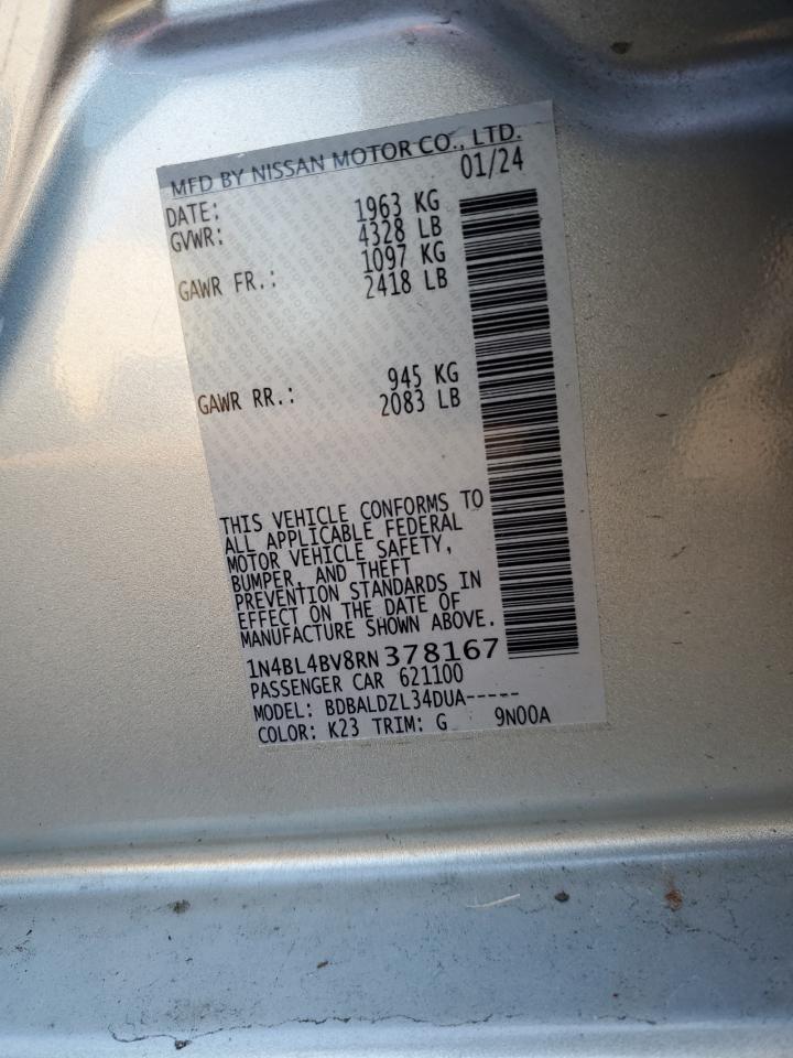 2024 NISSAN ALTIMA S VIN:1N4BL4BV8RN378167