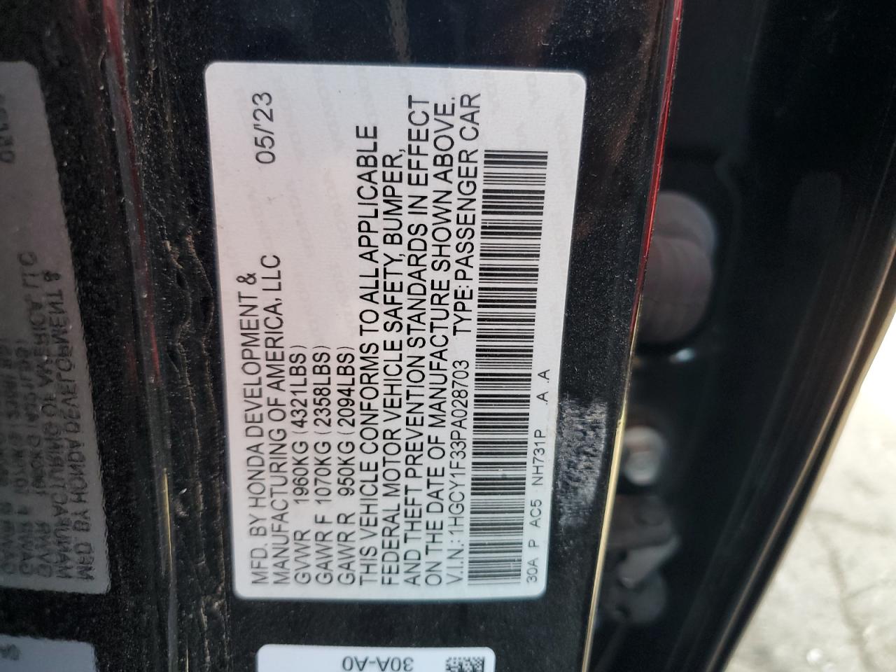 2023 HONDA ACCORD EX VIN:1HGCY1F33PA028703