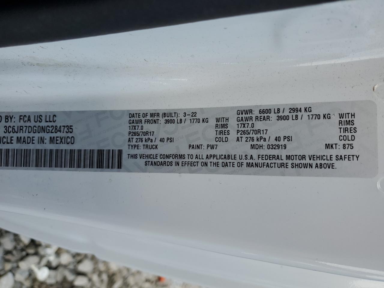 2022 RAM 1500 CLASSIC TRADESMAN VIN:3C6JR7DG0NG284735