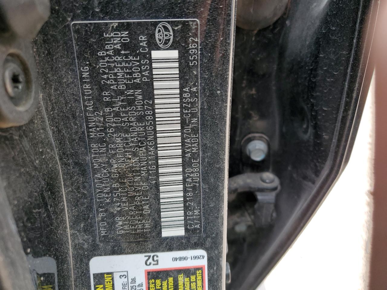 2022 TOYOTA CAMRY SE VIN:4T1G11AK6NU658872