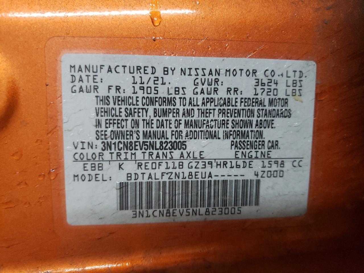 2022 NISSAN VERSA SV VIN:3N1CN8EV5NL823005