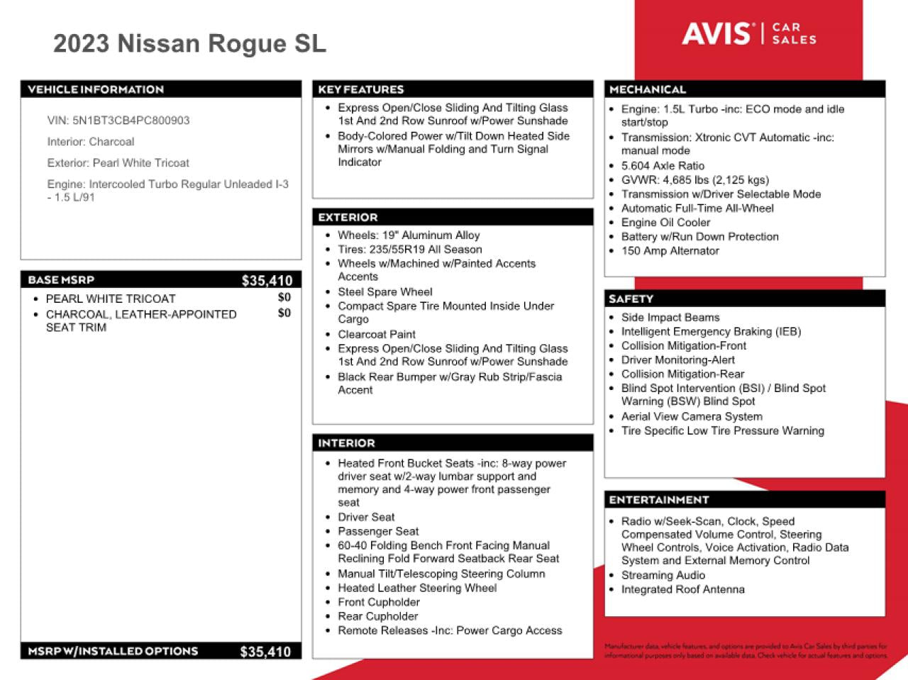 2023 NISSAN ROGUE SL VIN:5N1BT3CB4PC800903