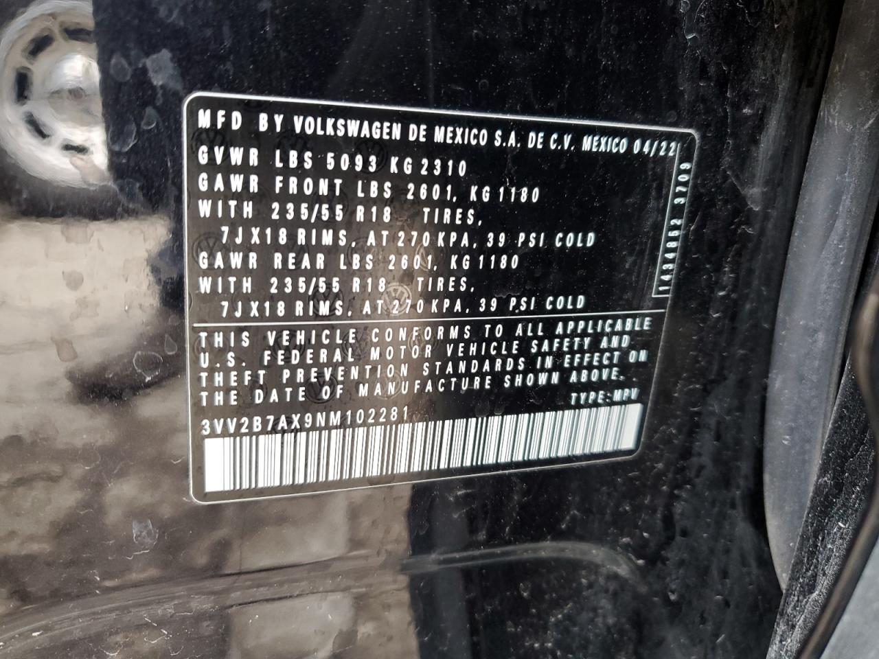 2022 VOLKSWAGEN TIGUAN SE VIN:3VV2B7AX9NM102281