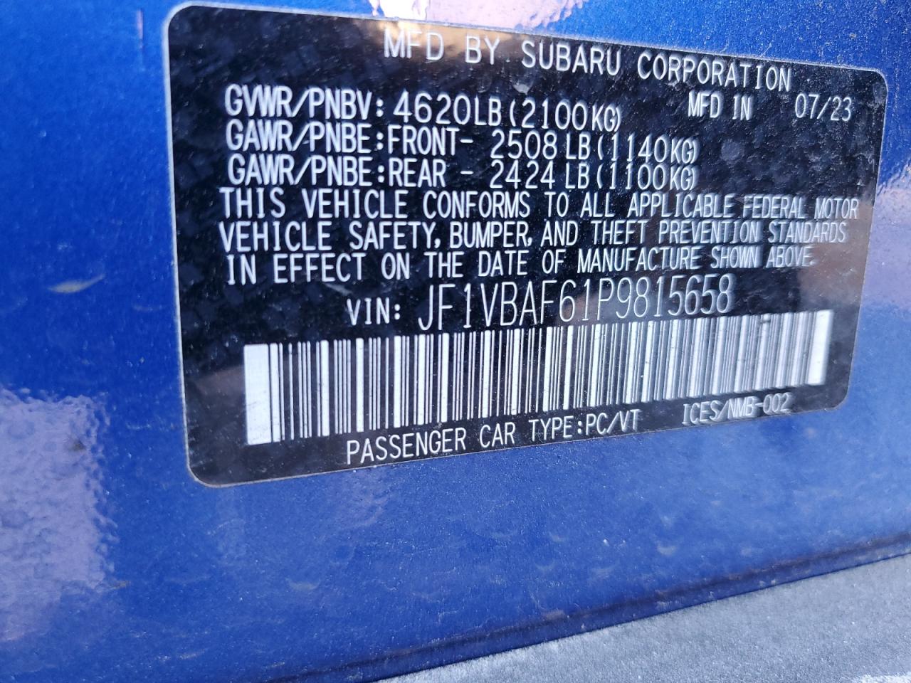 2023 SUBARU WRX PREMIUM VIN:JF1VBAF61P9815658