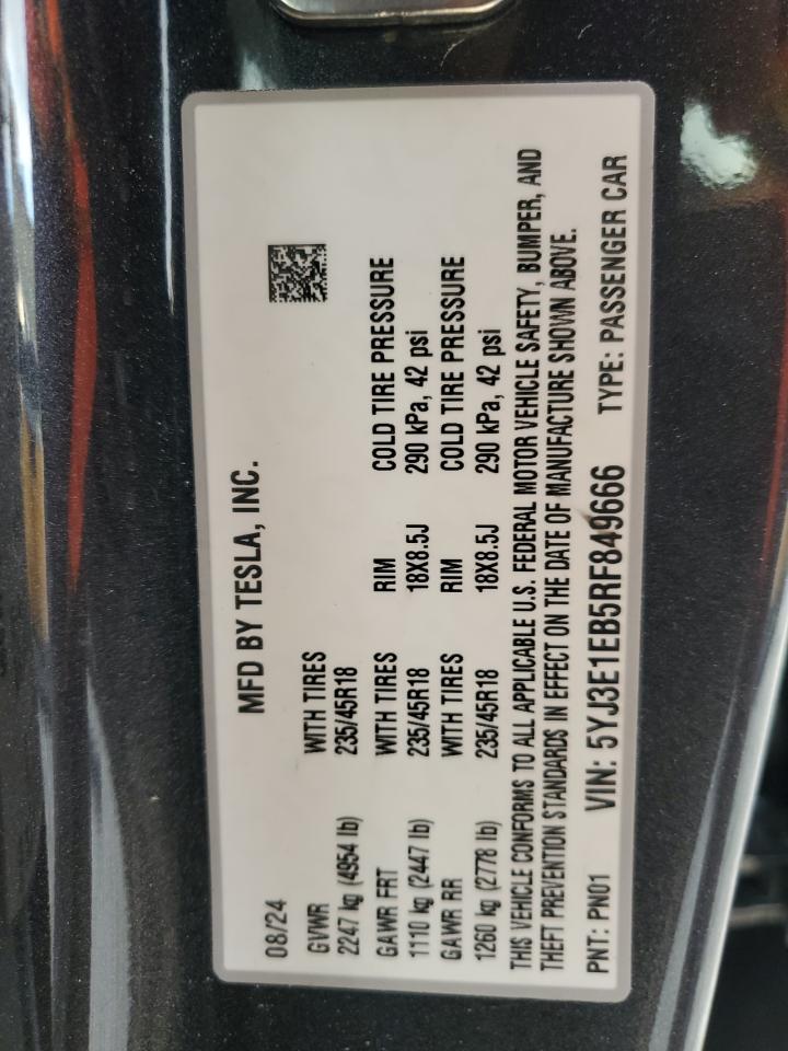 2024 TESLA MODEL 3  VIN:5YJ3E1EB5RF849666