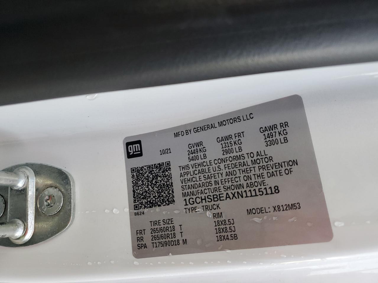 2022 CHEVROLET COLORADO  VIN:1GCHSBEAXN1115118