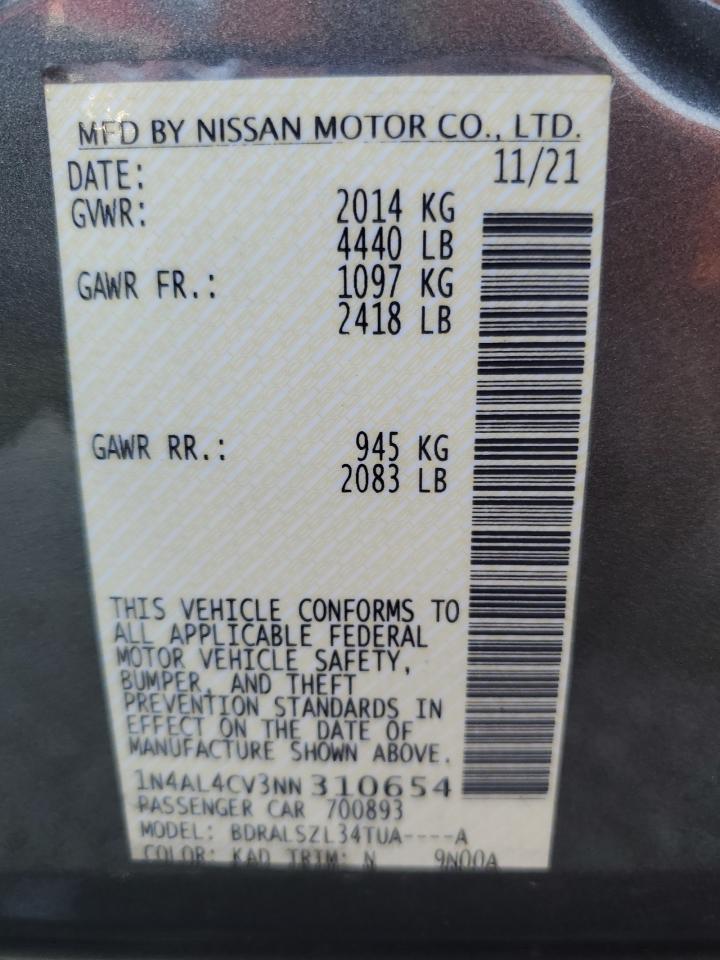 2022 NISSAN ALTIMA SR VIN:1N4AL4CV3NN310654