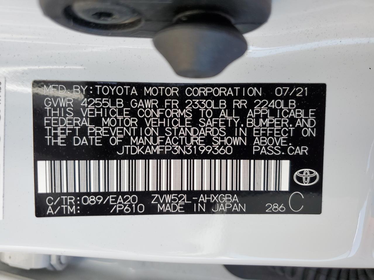 2022 TOYOTA PRIUS PRIME LE VIN:JTDKAMFP3N3199360