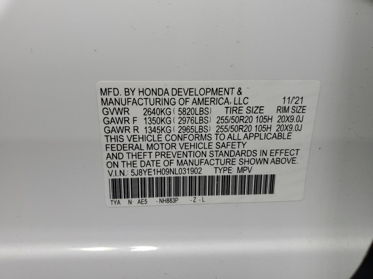 2022 ACURA MDX A-SPEC VIN:5J8YE1H09NL031902