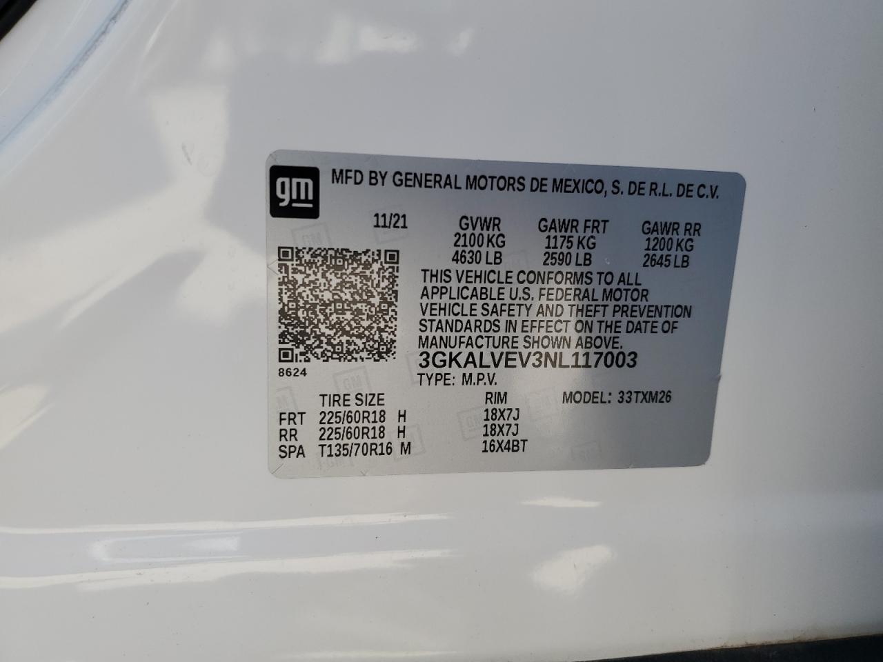 2022 GMC TERRAIN SLT VIN:3GKALVEV3NL117003