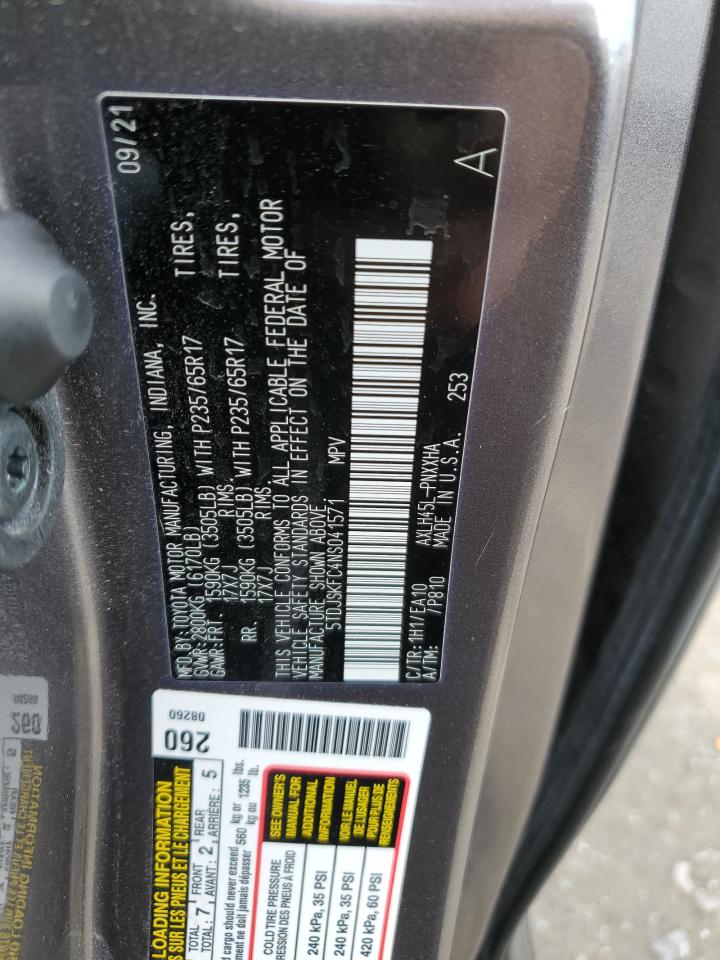 2022 TOYOTA SIENNA XLE VIN:5TDJSKFC4NS041571