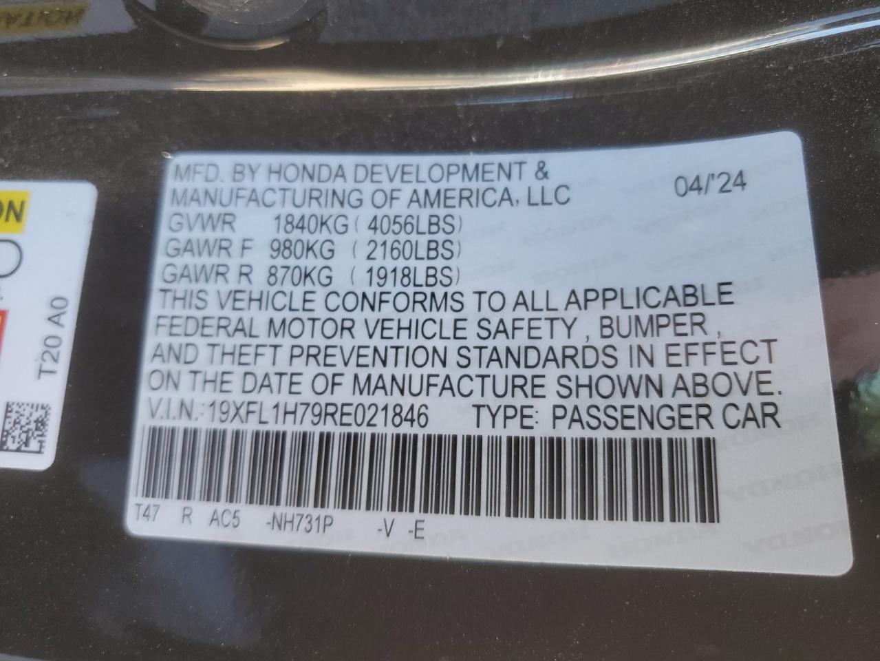 2024 HONDA CIVIC EXL VIN:19XFL1H79RE021846