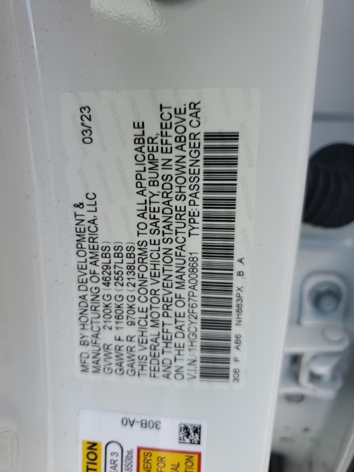 2023 HONDA ACCORD HYBRID EXL VIN:1HGCY2F67PA008681