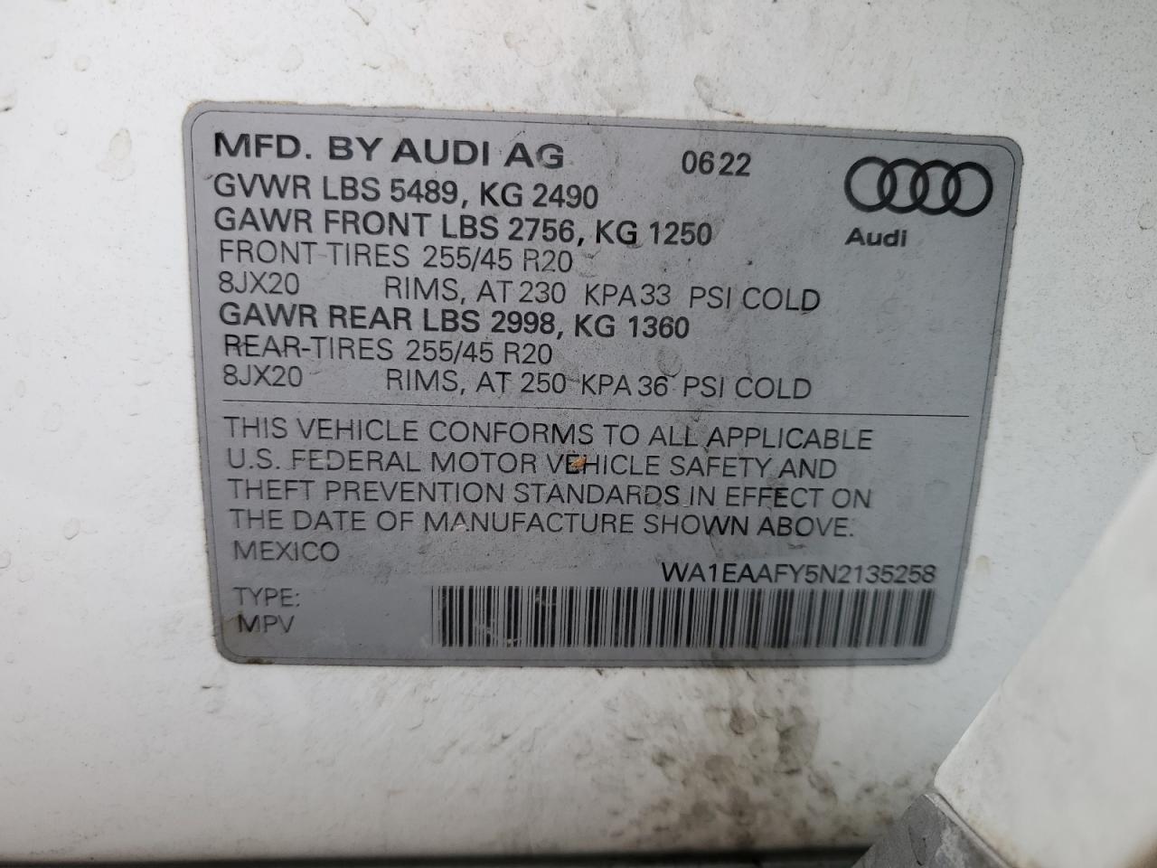 2022 AUDI Q5 PREMIUM PLUS 45 VIN:WA1EAAFY5N2135258