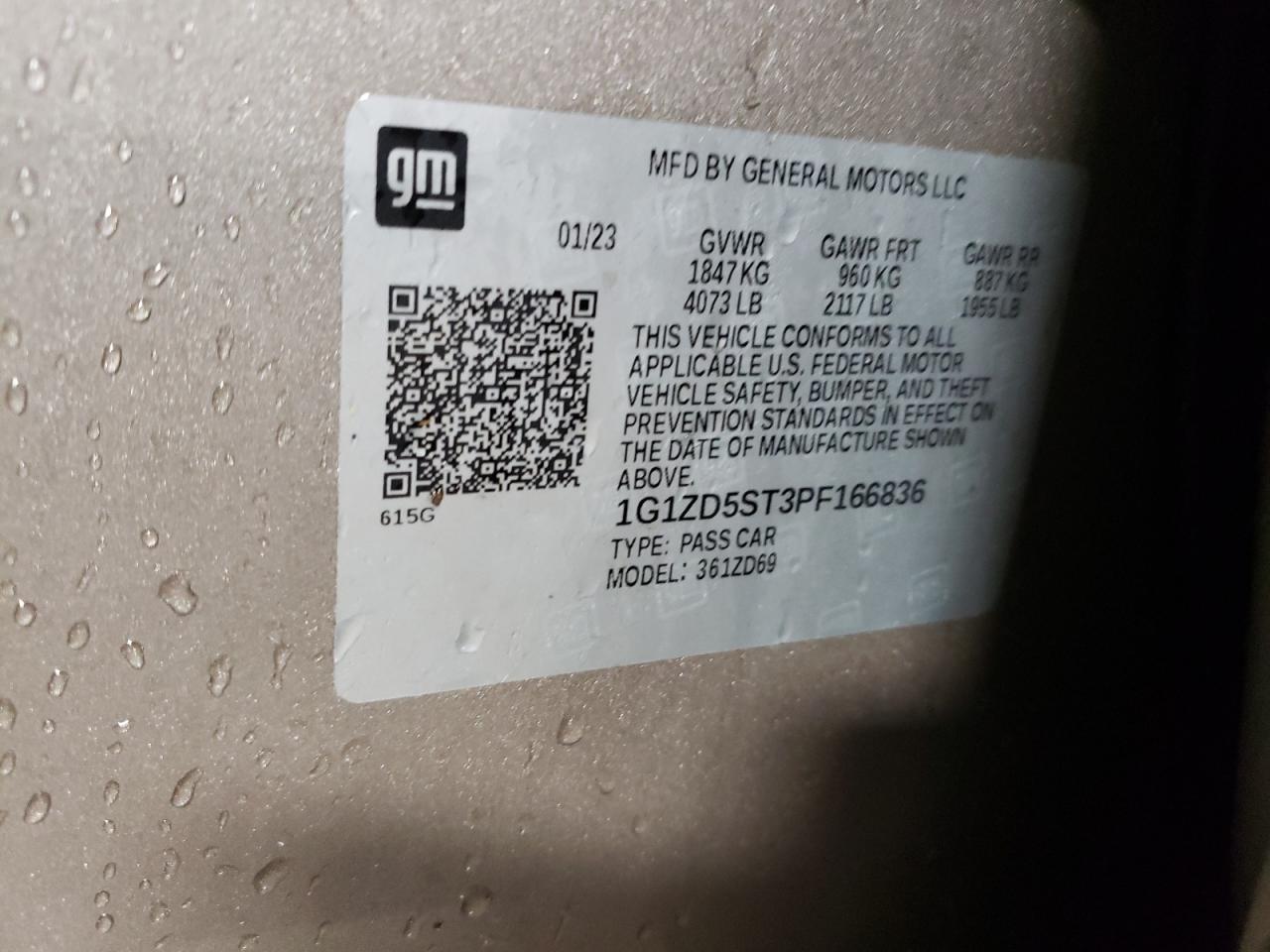 2023 CHEVROLET MALIBU LT VIN:1G1ZD5ST3PF166836