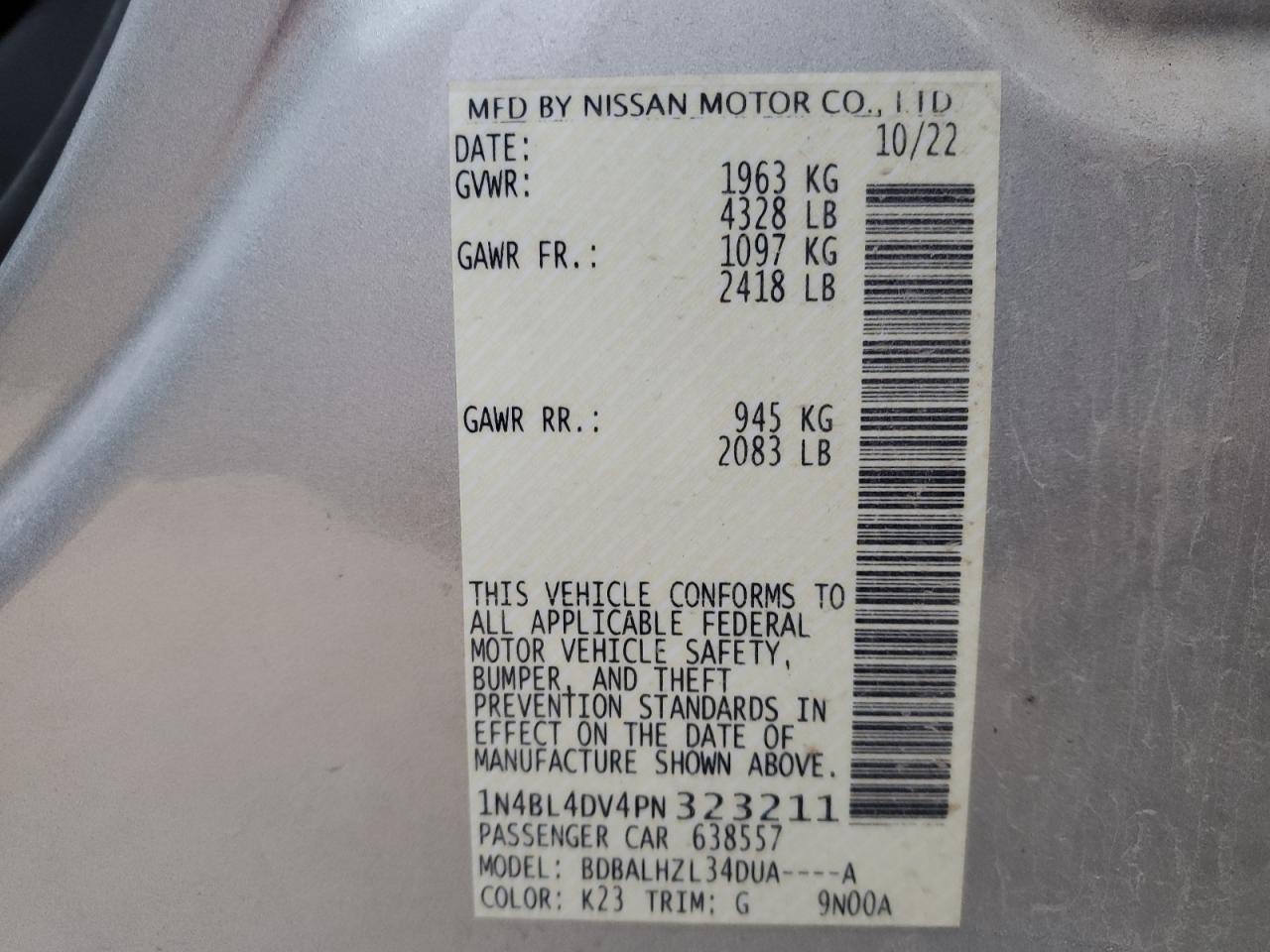 2023 NISSAN ALTIMA SV VIN:1N4BL4DV4PN323211