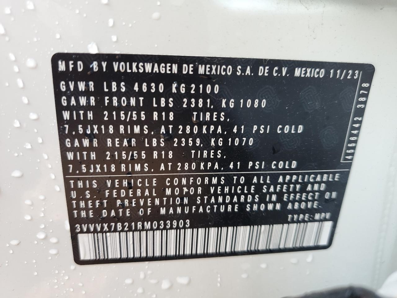 2024 VOLKSWAGEN TAOS SE VIN:3VVVX7B21RM033903