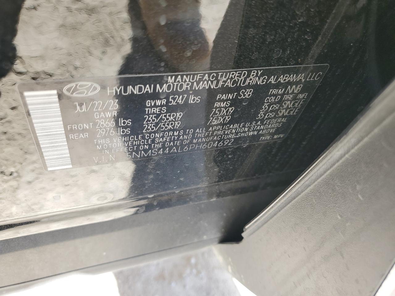 2023 HYUNDAI SANTA FE LIMITED VIN:5NMS44AL6PH604692