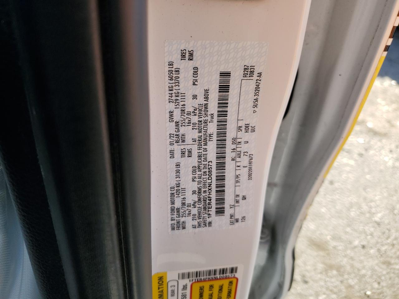 2022 FORD RANGER XL VIN:1FTER4FHXNLD08573