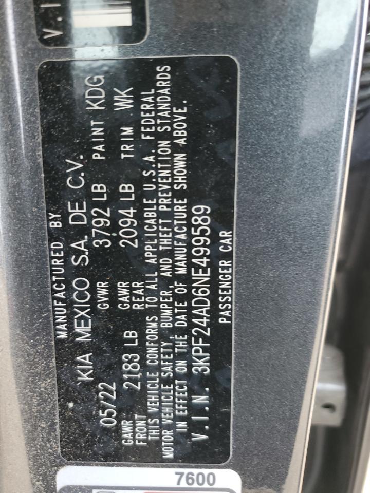 2022 KIA FORTE FE VIN:3KPF24AD6NE499589