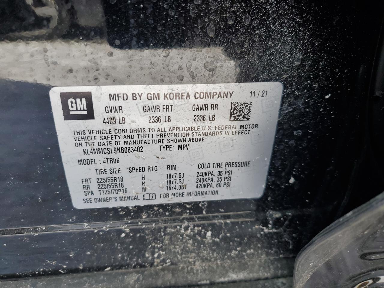 2022 BUICK ENCORE GX PREFERRED VIN:KL4MMCSL9NB083402