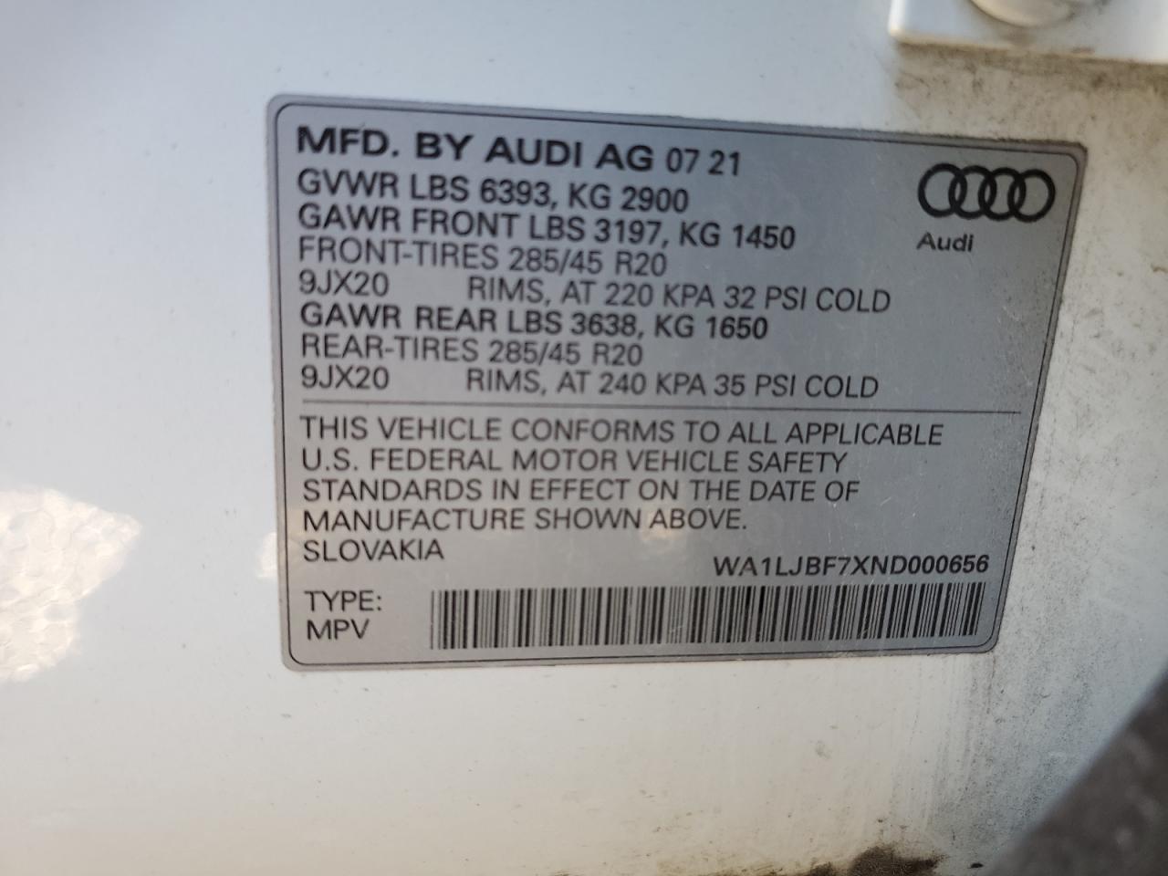 2022 AUDI Q7 PREMIUM PLUS VIN:WA1LJBF7XND000656