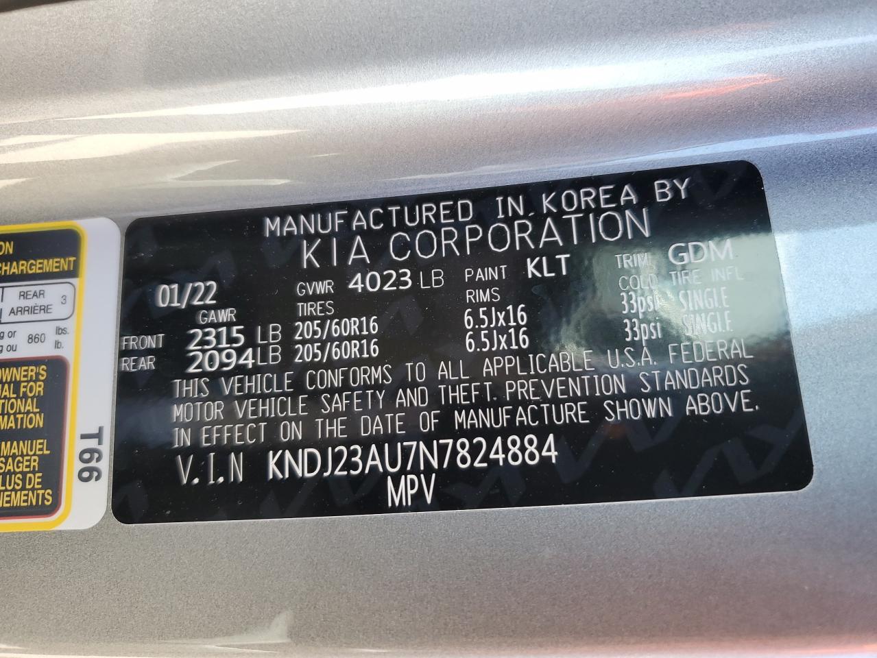 2022 KIA SOUL LX VIN:KNDJ23AU7N7824884