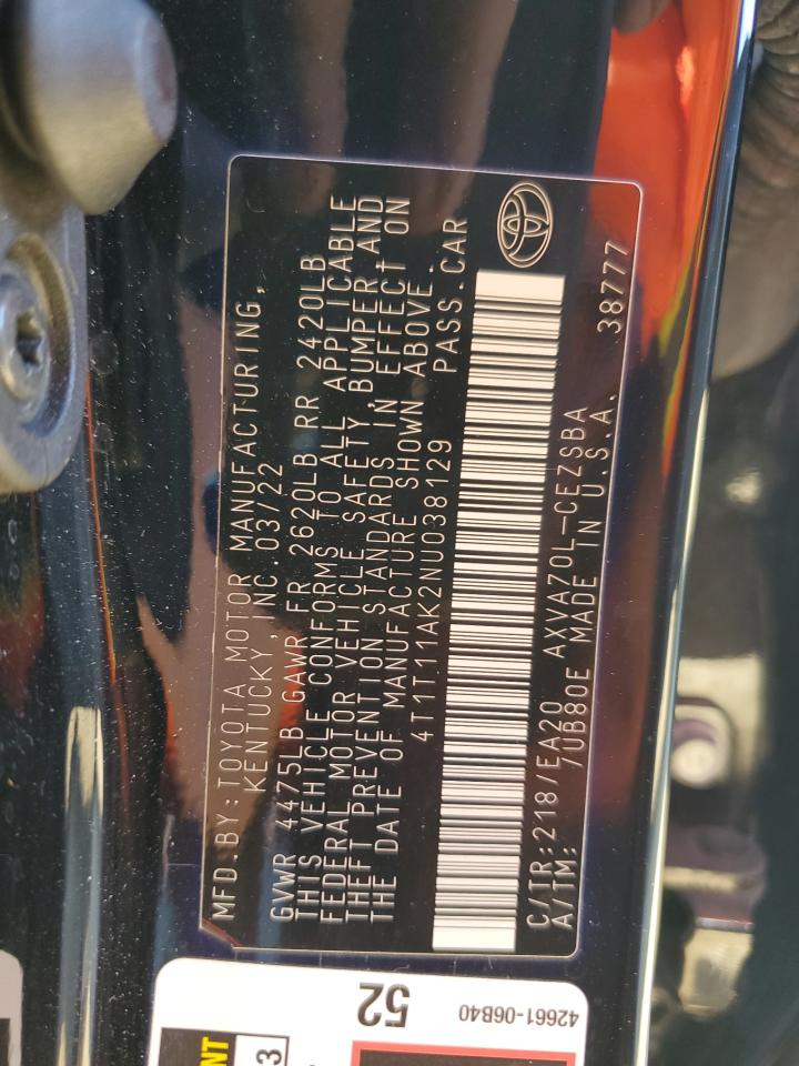 2022 TOYOTA CAMRY SE VIN:4T1T11AK2NU038129