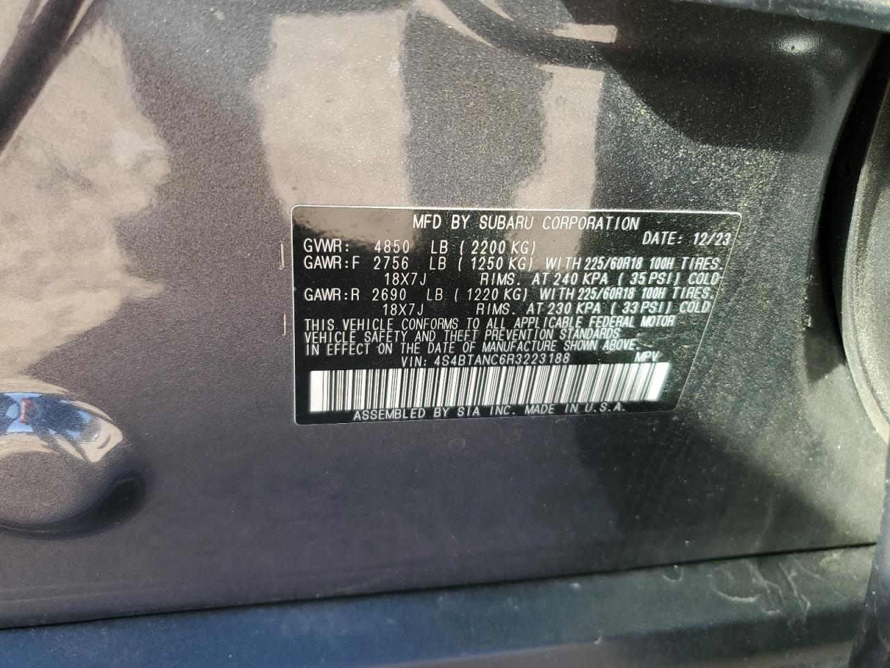 2024 SUBARU OUTBACK LIMITED VIN:4S4BTANC6R3223188