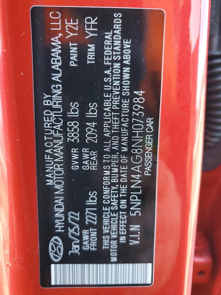 2022 HYUNDAI ELANTRA SEL VIN:5NPLN4AG8NH073984