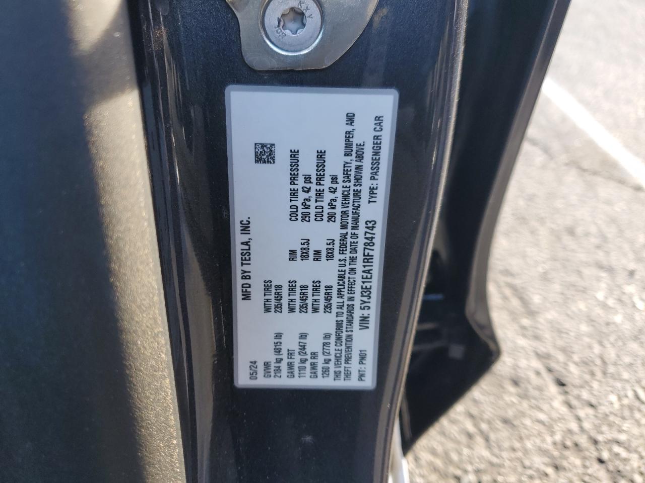 2024 TESLA MODEL 3  VIN:JHLRE38569C010475