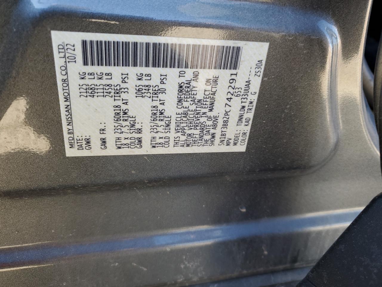 2023 NISSAN ROGUE SV VIN:5N1BT3BB2PC742291