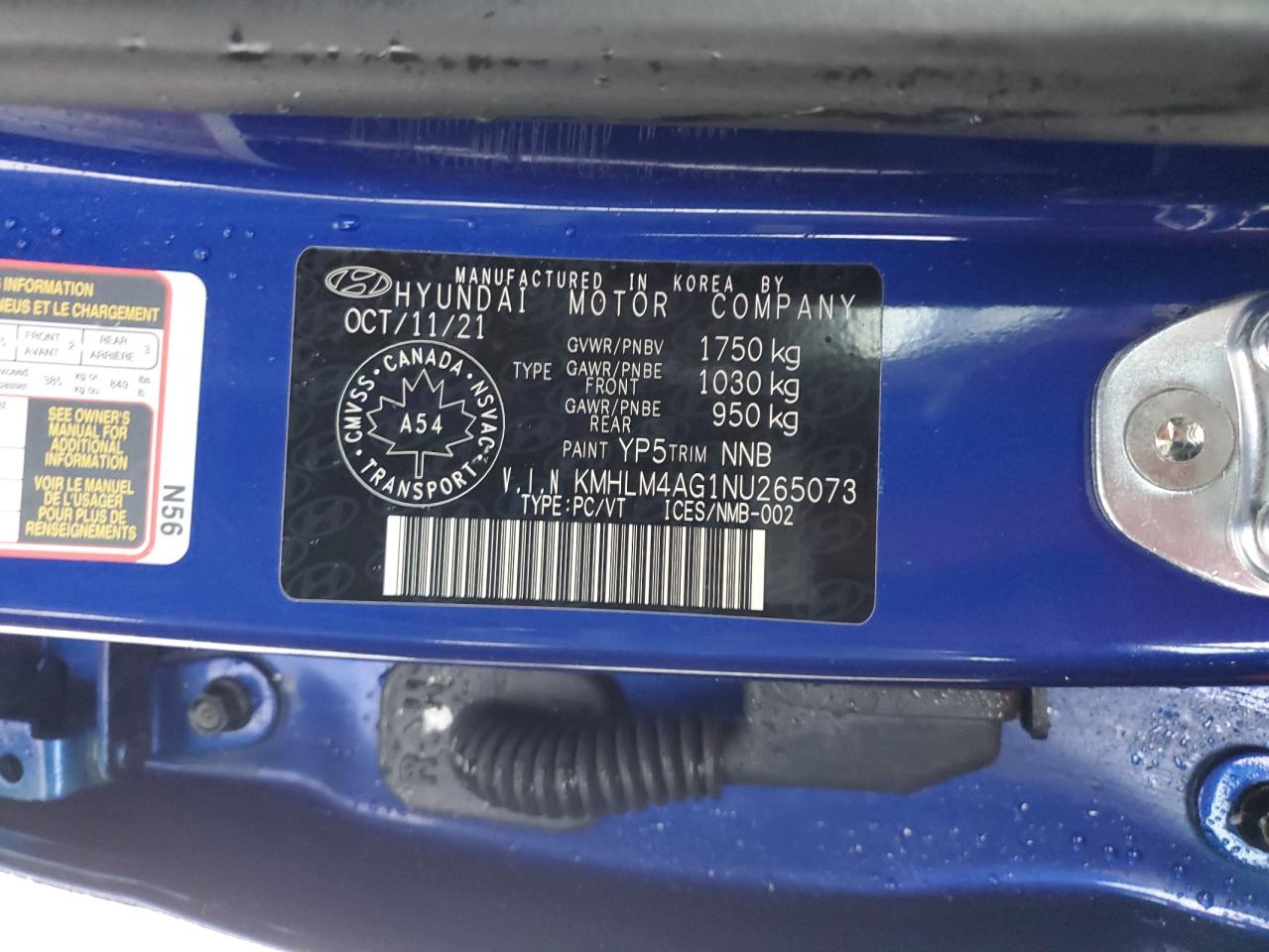 2022 HYUNDAI ELANTRA SEL VIN:KMHLM4AG1NU265073