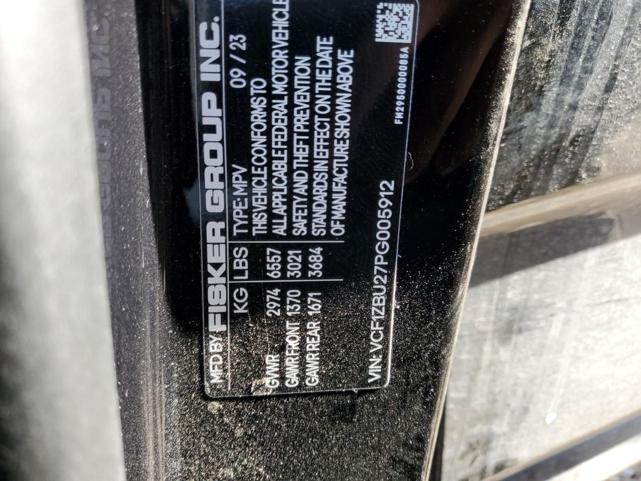 2023 FISKER INC. OCEAN OCEAN ONE VIN:VCF1ZBU27PG005912