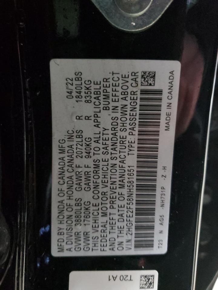 2022 HONDA CIVIC SPORT VIN:2HGFE2F58NH581651